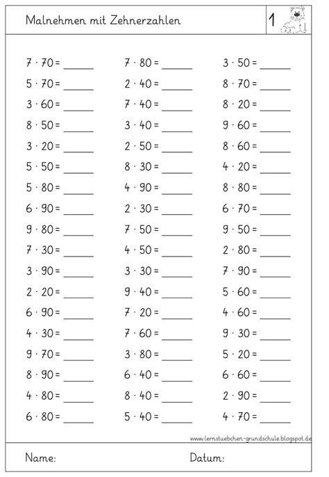 Kostenlose arbeitsblätter zum multiplizieren mit vielfachen von 10 und 100 in der 4. Lernstübchen: Multiplizieren mit Zehnerzahlen