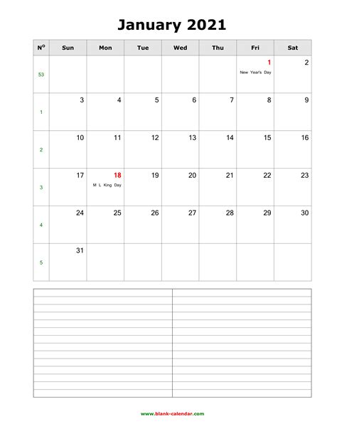 Download January 2021 Blank Calendar With Space For Notes Vertical
