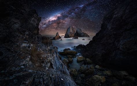 Nature Landscape Coast Tunnel Sea Milky Way Sky Starry Night Rock Long