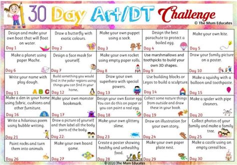 30 Day Artdt Challenge For Kids Activities Free Printable The