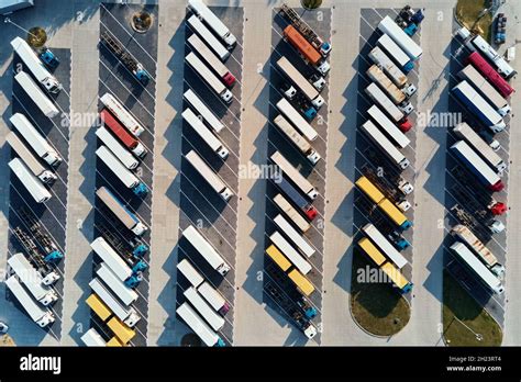 Parking Lot For Semi Trucks Top View Aerial View Of Truck Trailers