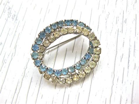 Double Oval Pin In Light Blue And Clear Rhinestones Etsy Clear