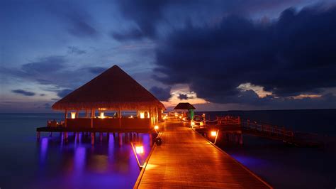 Resort Hut Hotel Ocean Tropical Night Path Trail Lights Hd