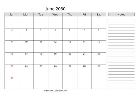 Download June 2030 Calendar With Notes Weeks Start On Sunday