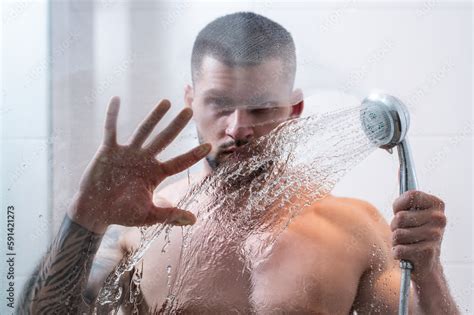 Portrait Of Naked Man Taking Shower In Bathroom Male Hygiene Routine