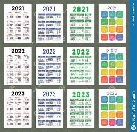 Calendar 2021 2022 And 2023 English Color Vector Set Vertical Wall