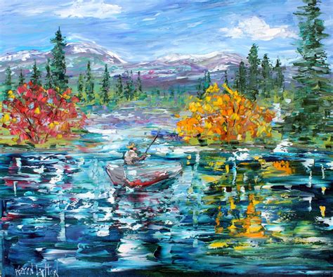 Lake Fishing Painting Original Oil Palette Knife Impressionism On