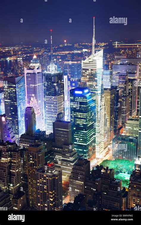 New York City Manhattan Times Square Panorama Aerial View At Night With