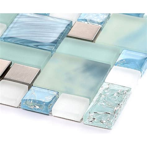 Blue Glass Mosaic Sheets Stainless Steel Backsplash Crackle Crystal
