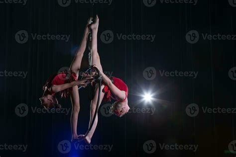 Circus Actress Acrobat Performance Two Girls Perform Acrobatic Elements In The Air Ring