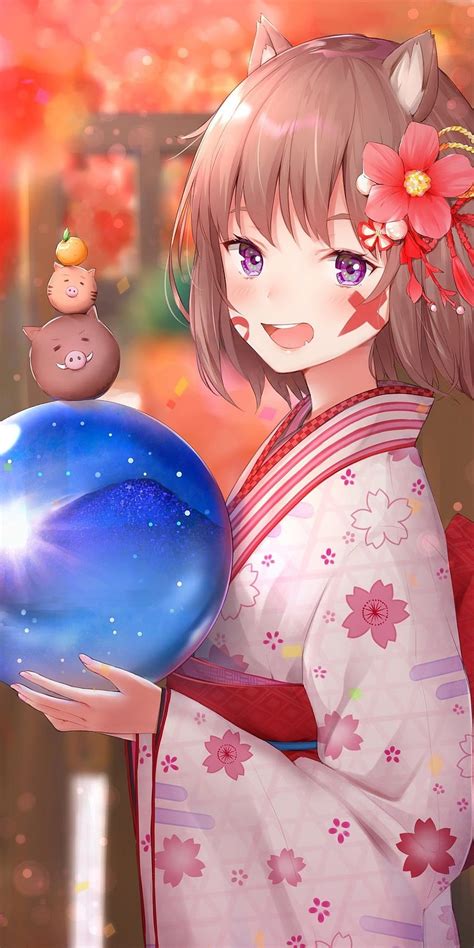 1080x2160 Cute Anime Girl Brown Hair Smiling Animal Ears Kimono