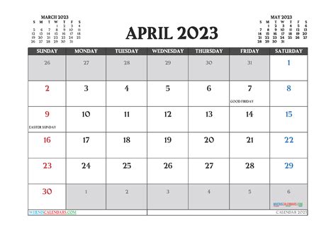 Printable Calendar For April 2023 Calendar 2023 With Federal Holidays