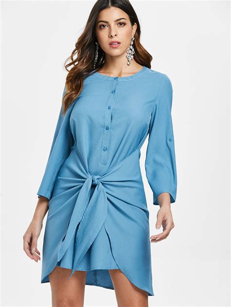 2019 New Long Sleeves Buttons Knotted Casual Women Dress Round Neck