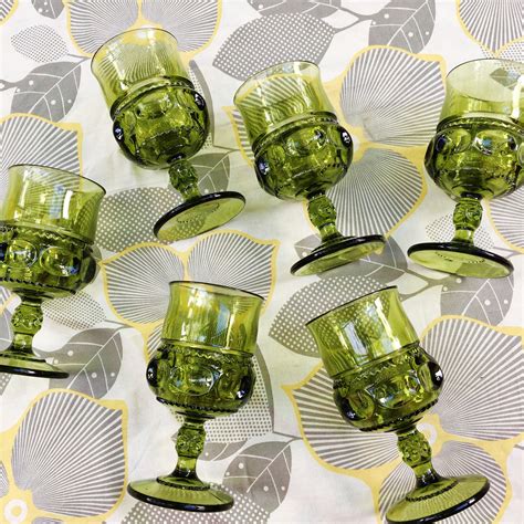 Vintage 1970s Green Glass Goblets Set Of Six Indiana Glass King S Crown Midcentury Glassware