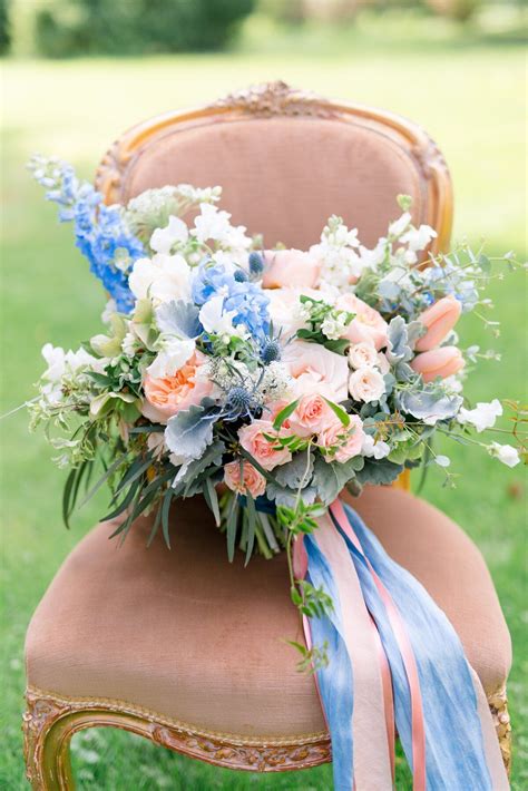 Pink And Blue Floral Wedding Bouquet With Matching Ribbons Delphinium