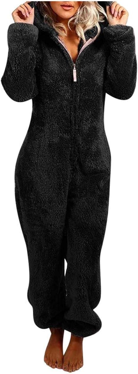 wuai women one piece fleece pajamas jumpsuit cute sherpa romper zipper hooded jumpsuit sleepwear