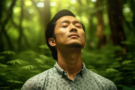 A Man Relaxed Breathing Fresh Air In A Green Forest At Natural