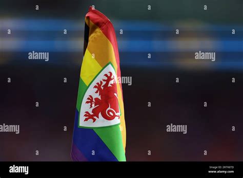 cardiff uk 16th june 2023 faw corner flag in rainbow colours uefa