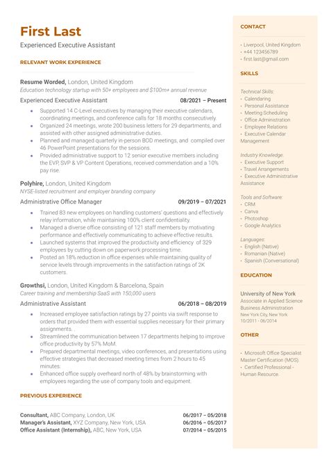 Experienced Executive Assistant Resume Examples For Resume Worded