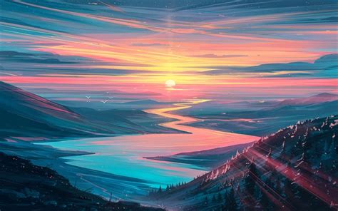 Download Wallpapers Abstract Summer Landscape Valley Sunset