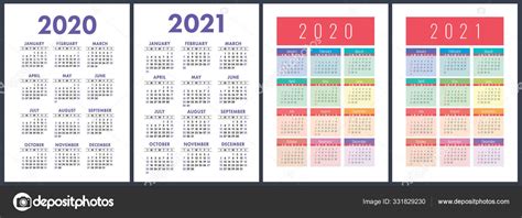 Calendario 2020 2021 Años Colorido Conjunto Vectores Semana Comienza Domingo — Vector De Stock