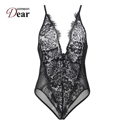 Comeondear Deep V Neck Lace Body Suit Eyelash Thin Erotic Bodysuit Women Body Dentelle Femme