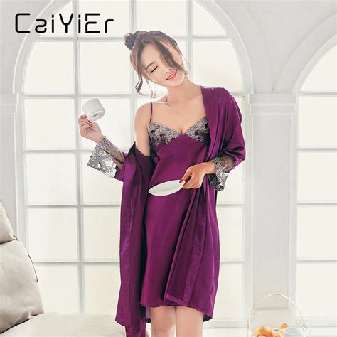 Caiyier Women Nightgown Robe Suit Spring Summer Lace Strap Sleepwear
