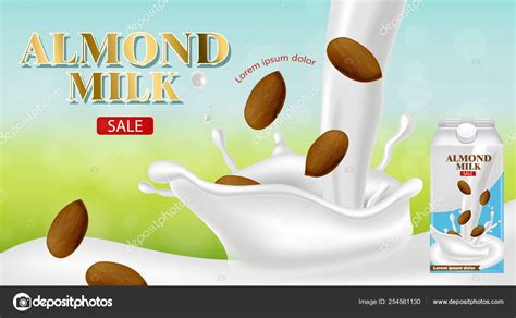 Almond Milk Vector Realistic Product Placement Advertise Splash Milk Pouring Label Template