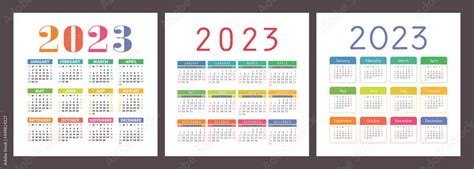 Calendar 2023 Year English Colorful Vector Set Square Wall Or Pocket