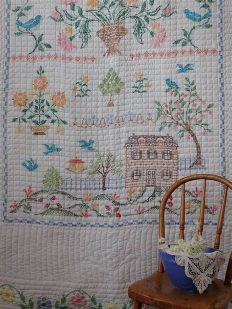 Gorgeous Vintage Cross Stitch Sampler Embroidered 1700s House Birds