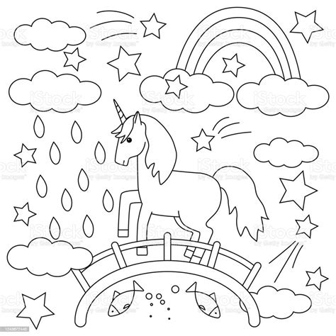 Fairytale Cute Unicorn Clouds And Rainbow Simple Outline For Children