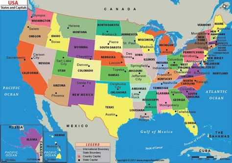Us map showing states and capitals plus lakes, surrounding oceans and bordering countries. California Capital Map