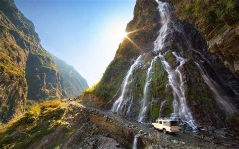 Nature Landscape Mountain Waterfall Sun Rays Dirt Road Vehicle