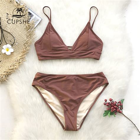 Buy Cupshe Brown Lace Up Bikini Sets Women Triangle Mid Waist Two Pieces