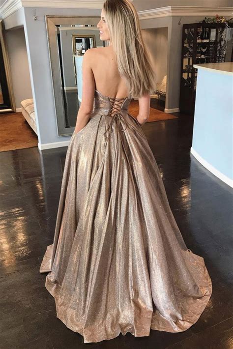Shiny Strapless Sweetheart Neck Champagne Long Prom Dress Golden Long Abcprom
