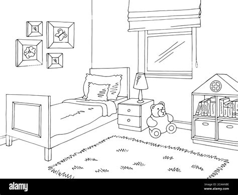 Children Room Graphic Black White Interior Sketch Illustration Vector