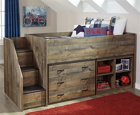 Start by lifting one side of the dresser, or other piece of large furniture, and placing a slider under the leg. Ashley Signature Design Trinell 104461B Loft Bed w/ Stairs, Bookcase, & Drawer Storage | Dunk ...