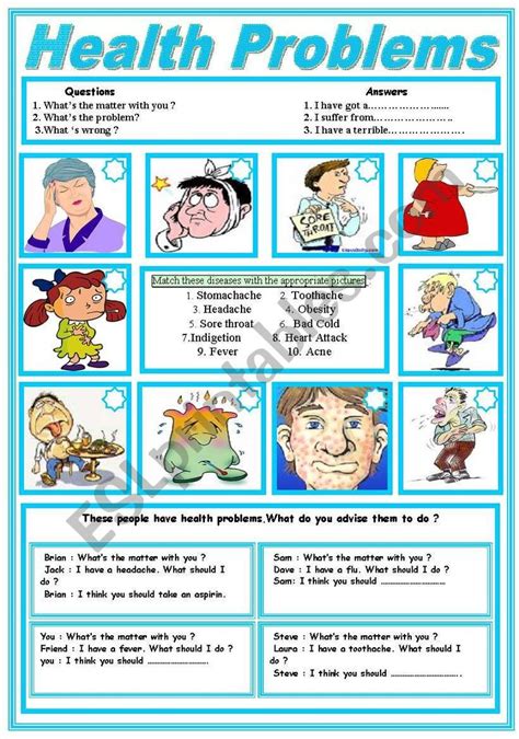 Health Problems And Healthtips Health Problems Vocabulary Worksheets