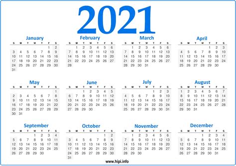2021 Calendar Printable Yearly Template Hipi Info 2021 Calendar With