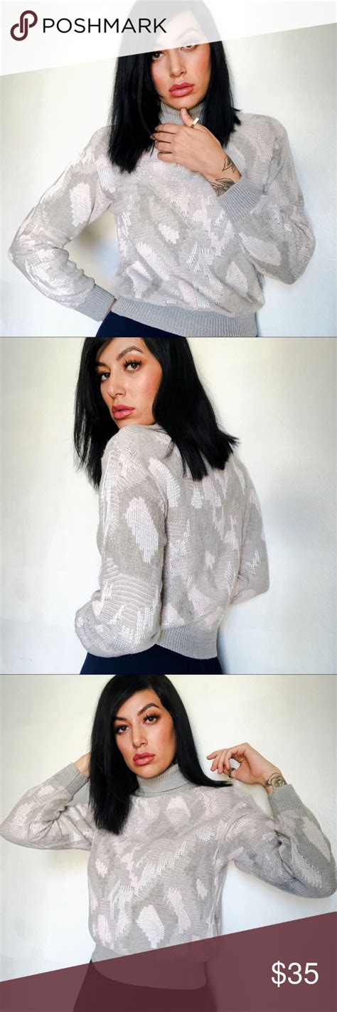 90s Cropped Turtleneck Marbled Gray Knit Sweater Grey Knit Sweater