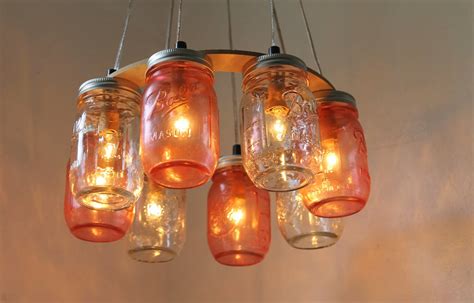Mason Jar Chandelier Featuring 4 Clear And 4 Pink Mason Jars