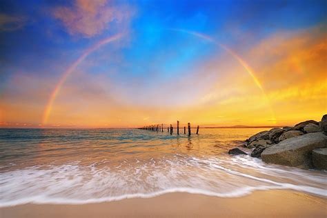 1080p Free Download Rainbow In Ocean Horizon Rainbows Sea Nature