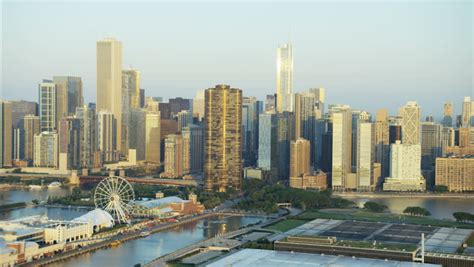Aerial Sunrise View Chicago Skyline Navy Pier Jardine Water