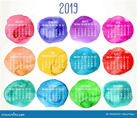 Year 2019 Watercolor Paint Multicolor Monthly Calendar Stock Vector