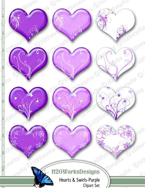 Purple Hearts And Swirls Clipart Set On 85x11 Sheet Purple Lilac