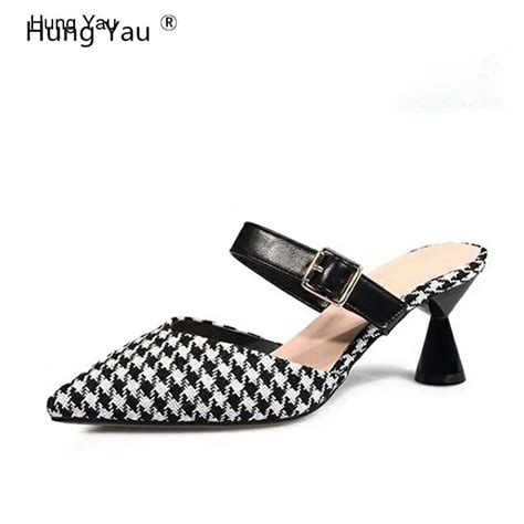 Hung Yau Houndstooth Mules Shoes For Women Summer Style Sandals 65 Cm High Heels Leather