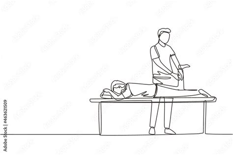 Single Continuous Line Drawing Physiotherapy Rehabilitation Assistance Man Patient Lying On