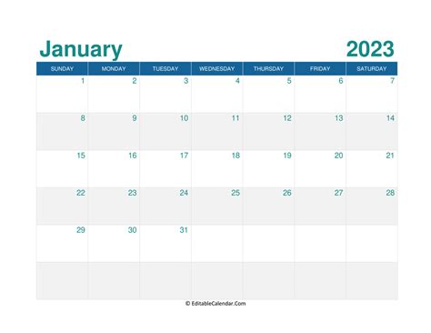 Download Printable Monthly Calendar January 2023 Word Version