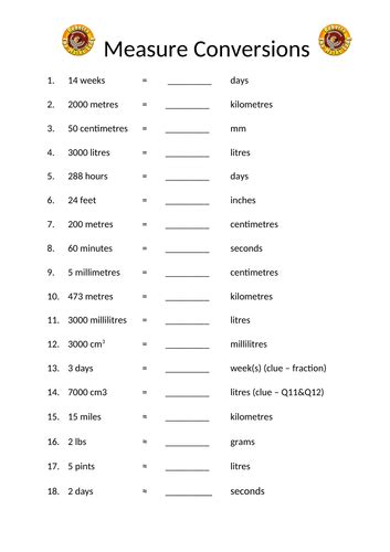 Measure Conversions Worksheet Answers Teaching Resources