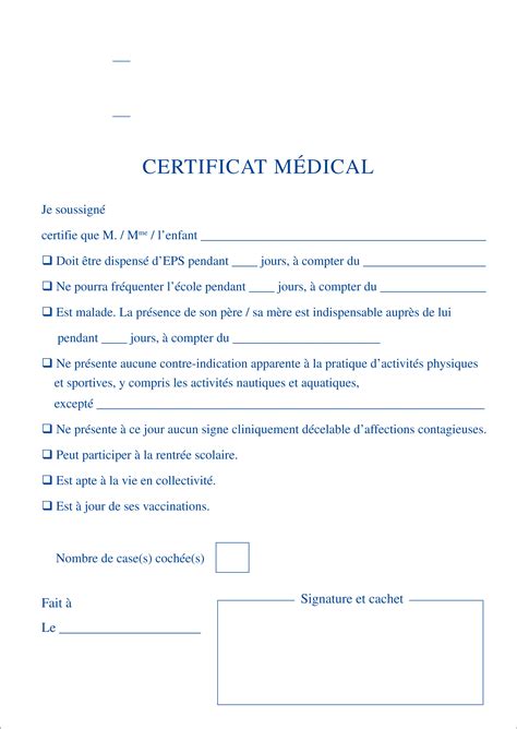 Certificat Médical Pré Imprimé Format A5 148 X 210